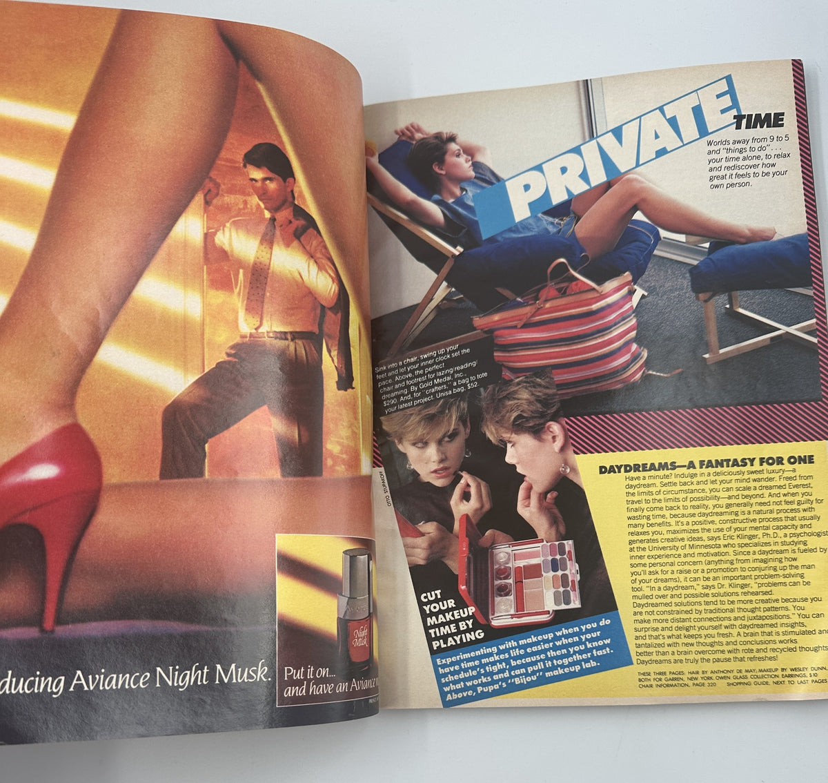 Inside spread of Glamour Magazine May 1983, featuring a Private Time article with fashion photography, showcasing summer styles and cosmetics.