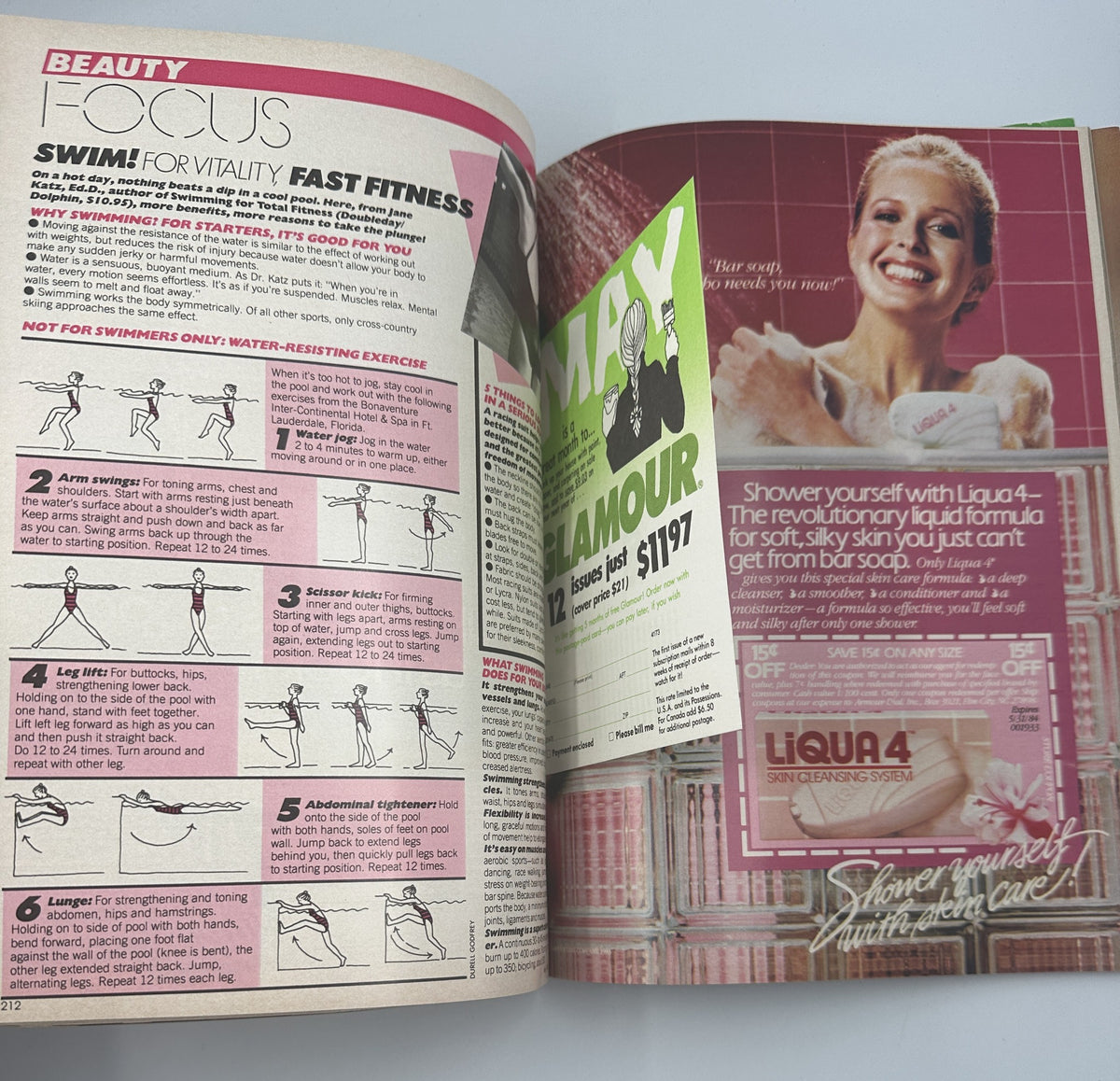 Editorial spread from Glamour Magazine May 1983 featuring fitness tips for swimming and vitality. Includes visuals for exercises targeting core and leg strength. Covers Fanny Fitness, highlighting health and beauty insights.