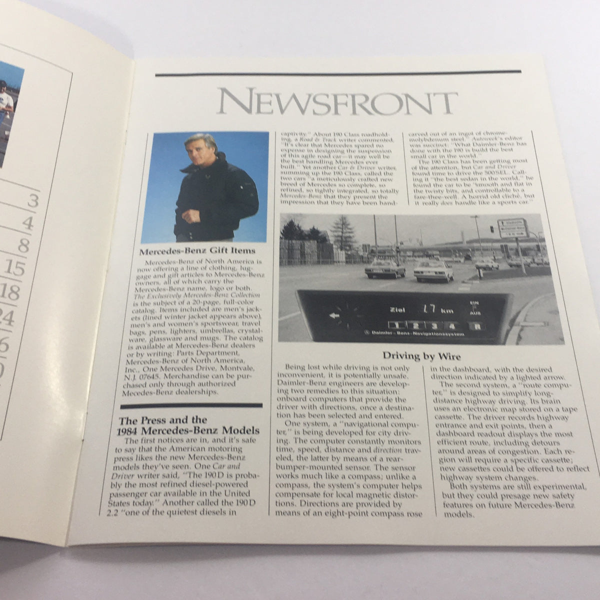 Interior page from the 1983 Mercedes Volume XI Dealership Car Auto Brochure Catalog showcasing news and updates about Mercedes-Benz gift items and technology advancements.