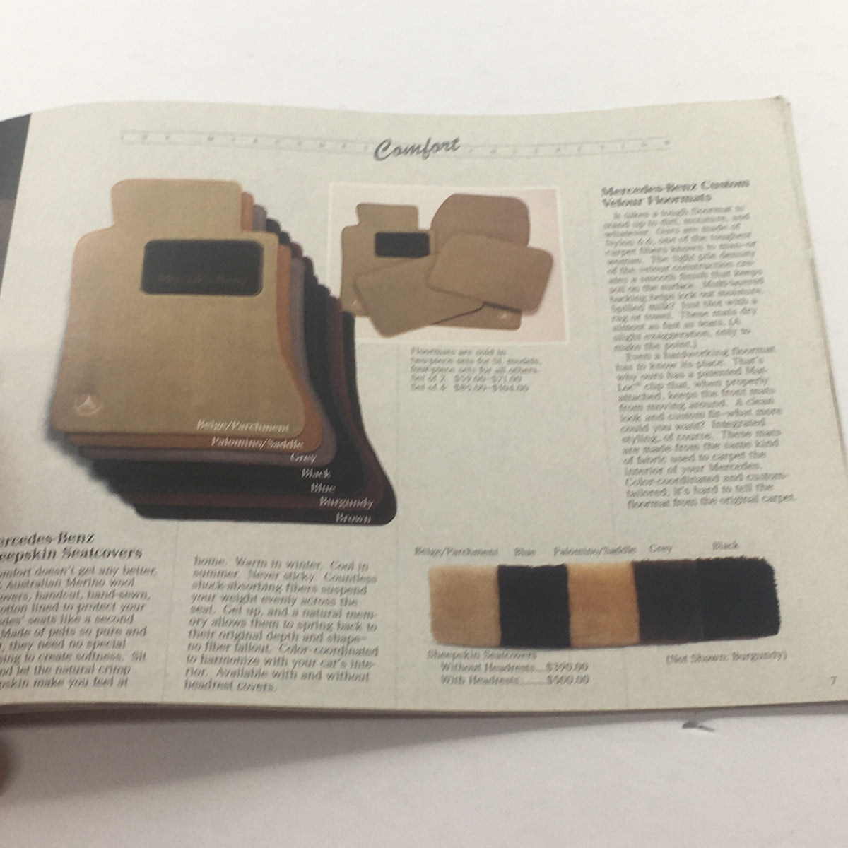 Inside page of the 1994 Mercedes-Benz Collection Accessories Dealership Car Auto Brochure Catalog showcasing luxurious sheepskin seatcovers available for Mercedes-Benz models.