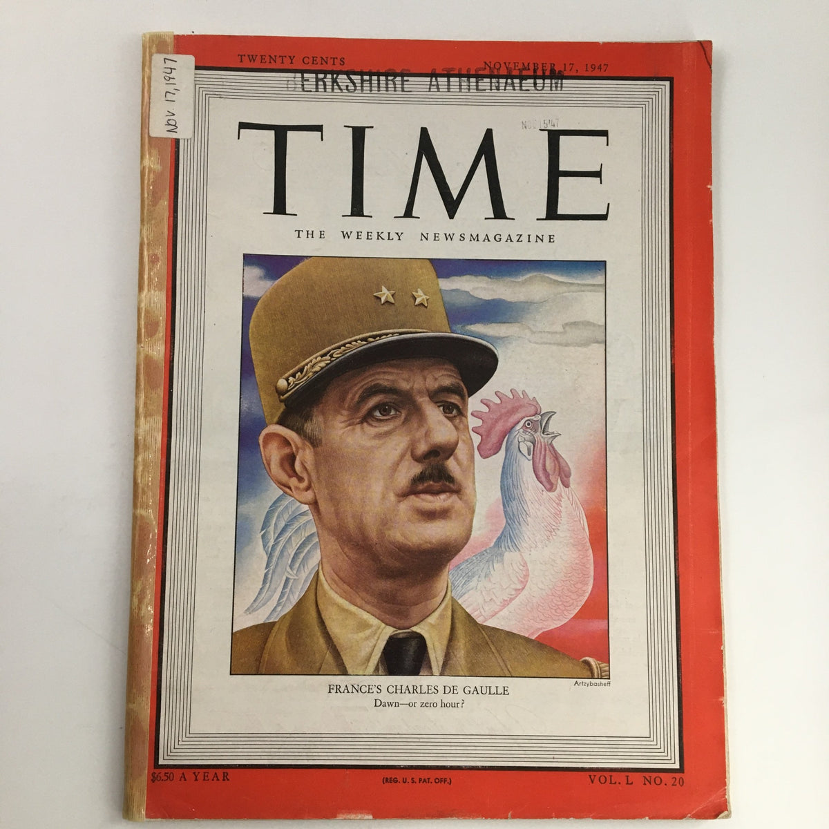 Cover of Time Magazine from November 17, 1947, featuring President Charles de Gaulle of France, Volume 50, Issue #20, showcasing a pivotal moment in post-war history.