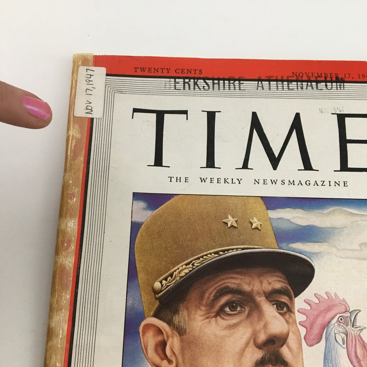 Close-up of the Time Magazine cover dated November 17, 1947, highlighting President Charles de Gaulle, Volume 50, Issue #20, with artistic illustration elements.