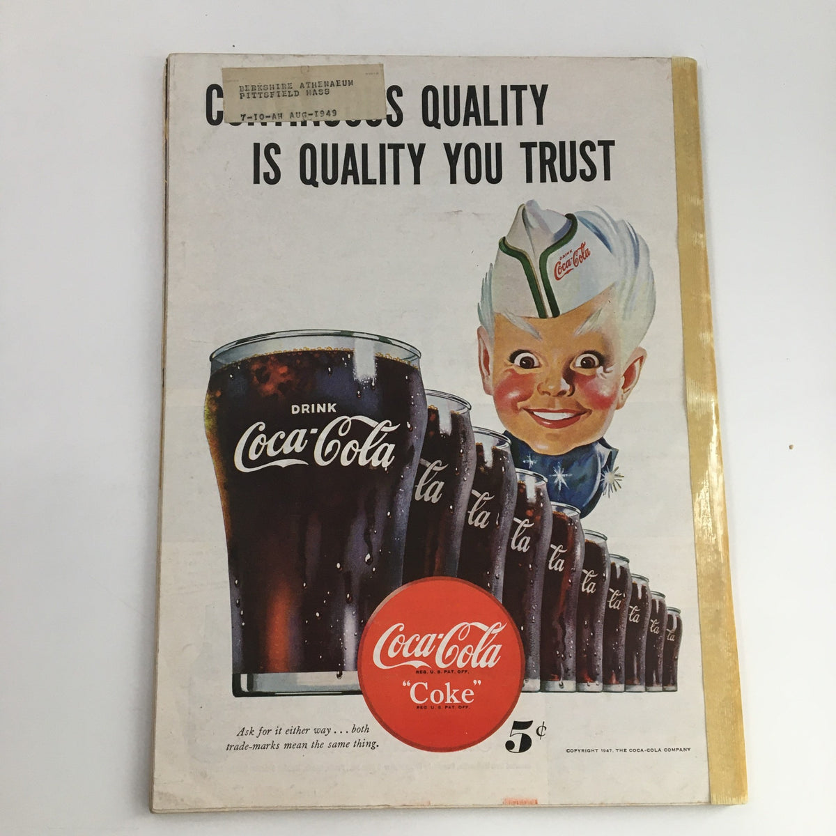 Back cover of a vintage Time Magazine from November 17, 1947, featuring a Coca-Cola advertisement, showcasing nostalgic branding from the era.