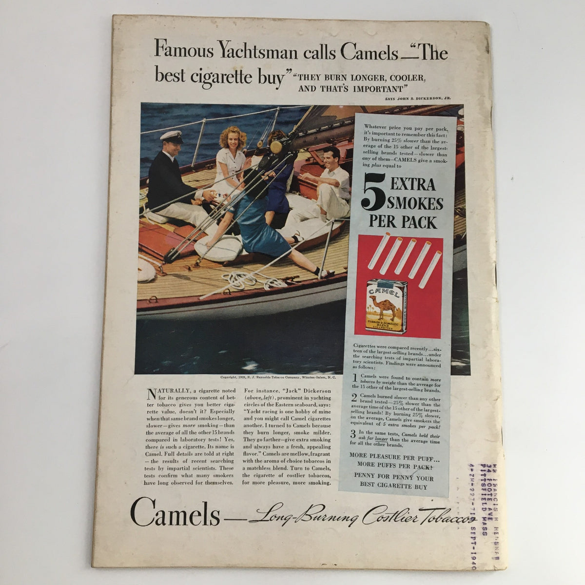 Back cover of Time Magazine October 23 1939, Vol 34 #17 advertising Camel cigarettes, depicting a social scene on a yacht.