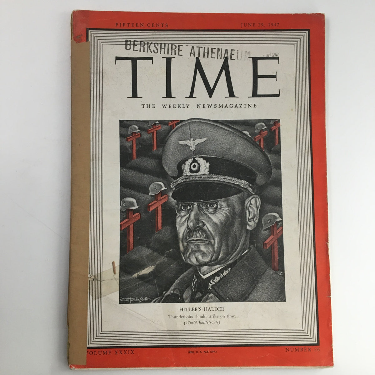 Cover of Time Magazine dated June 29, 1942, featuring General Franz Halder, Volume 39, Number 26, highlighting World War II themes with red crosses in the background.