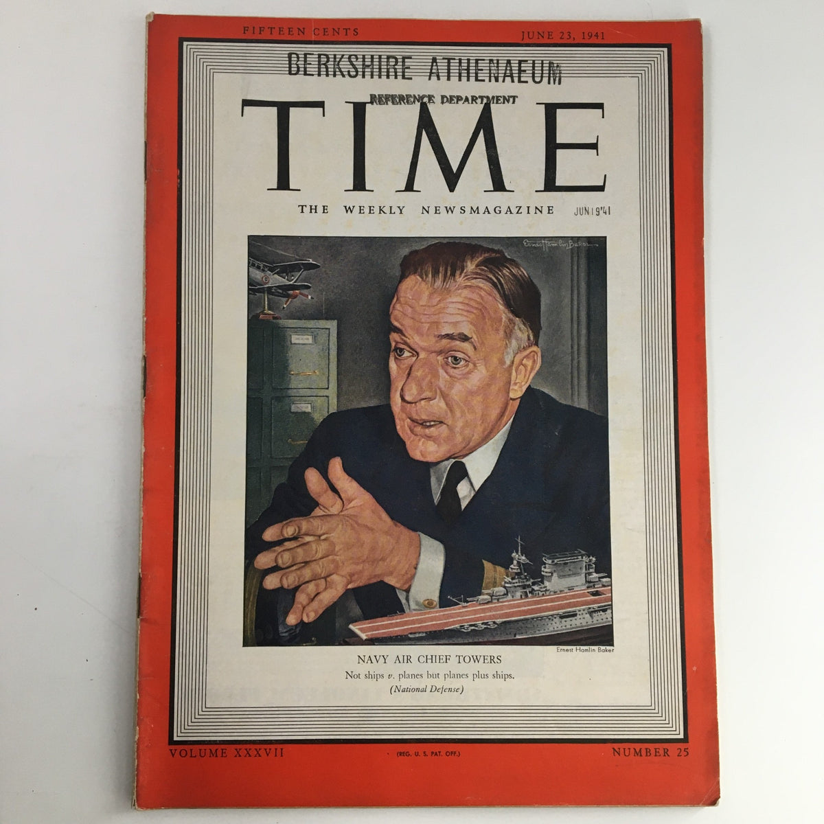 Cover of Time Magazine June 23, 1941, featuring Navy Air Chief Admiral John Henry Towers. The magazine highlights naval aviation stories and reflects historical events during World War II, showcasing a striking illustration and details pertinent to military strategy of that era.