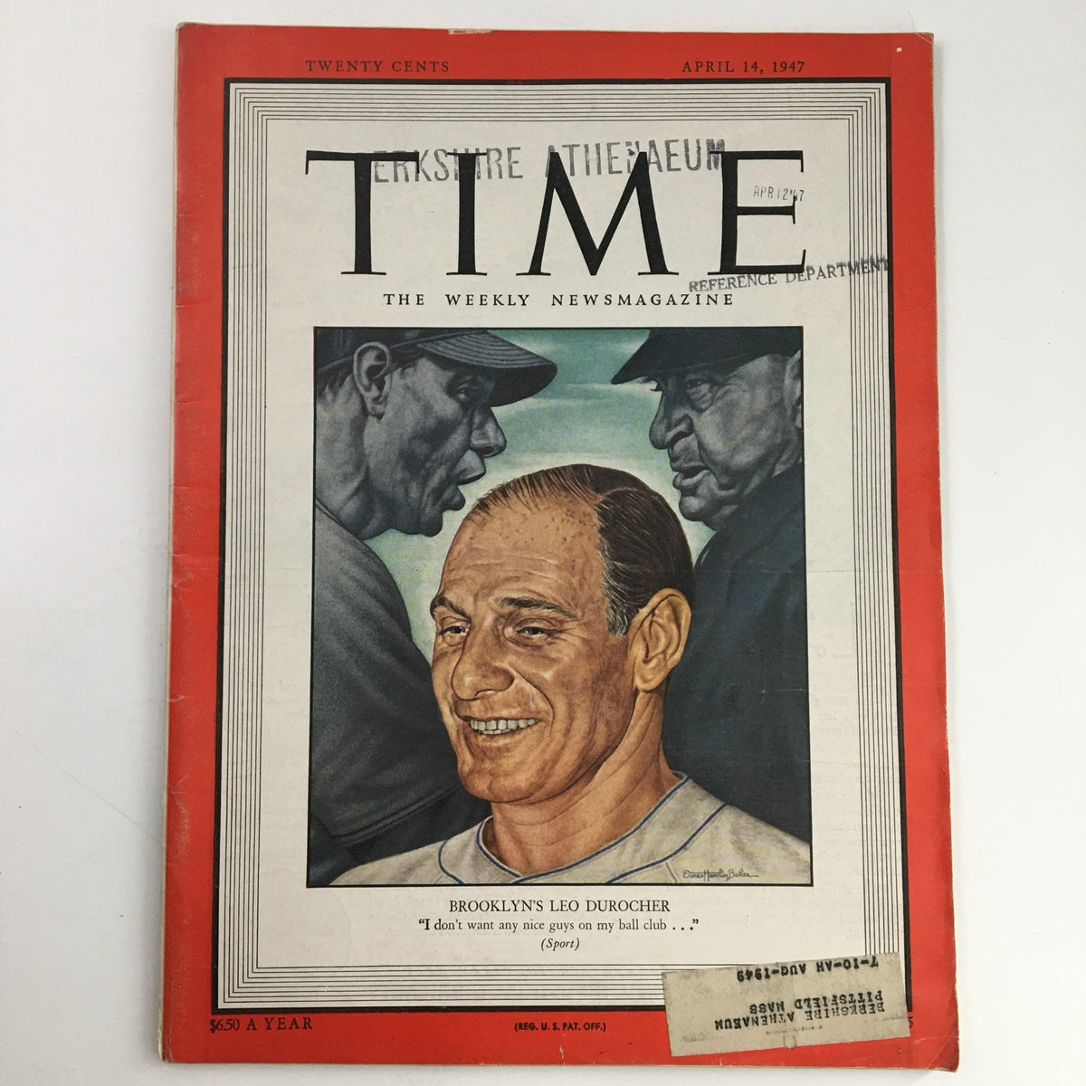Time Magazine cover from April 14, 1947, featuring Brooklyn Manager & Coach Leo Durocher, highlighting his impactful role in baseball.