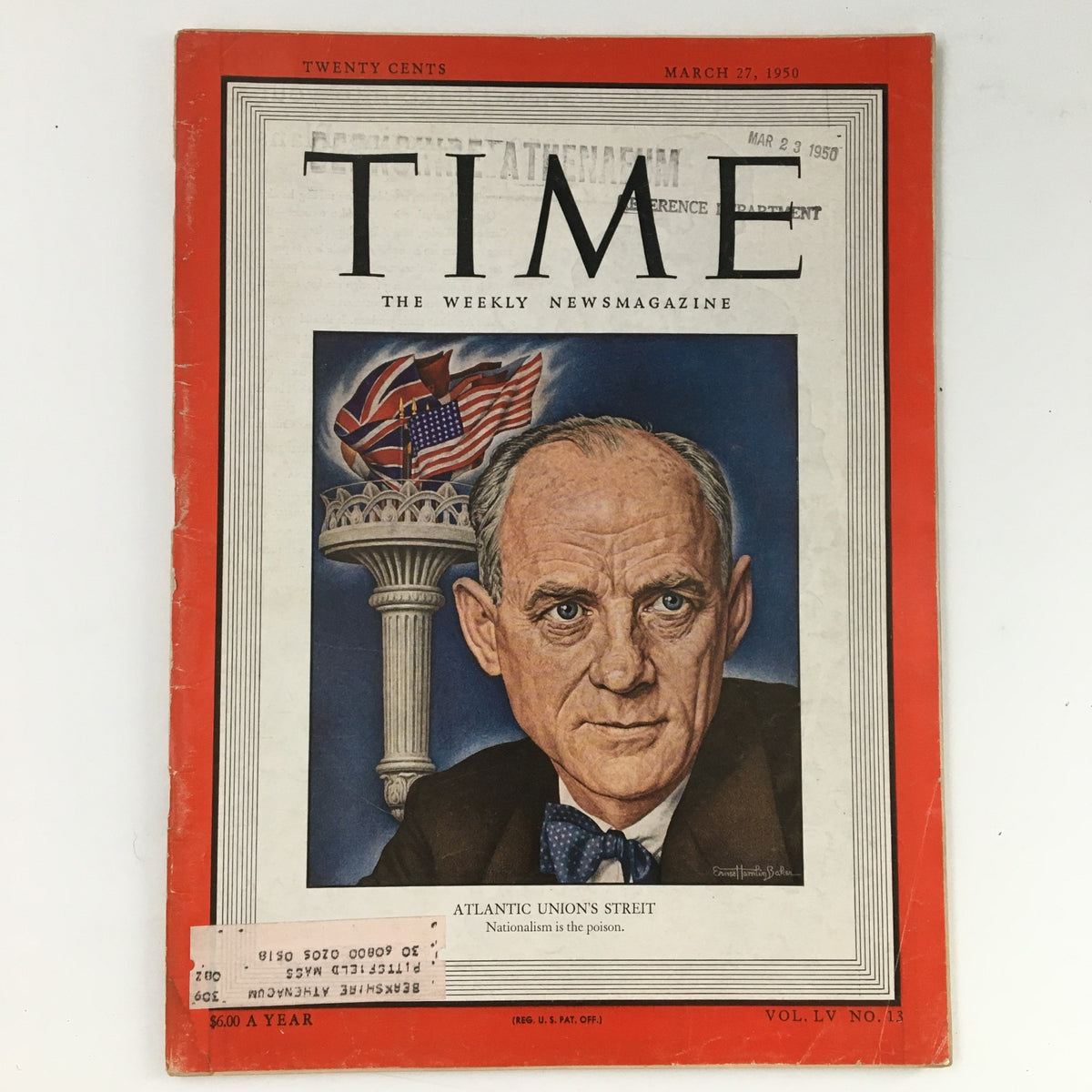 Cover of Time Magazine dated March 27, 1950, Vol 55 #13, featuring a portrait of Clarence Kirschmann Streit. The cover includes the headline 'ATLANTIC UNION'S STREIT: Nationalism is the poison' and decorative elements including the American flag and a pillar. This vintage magazine represents a significant post-war publication with insightful journalism.