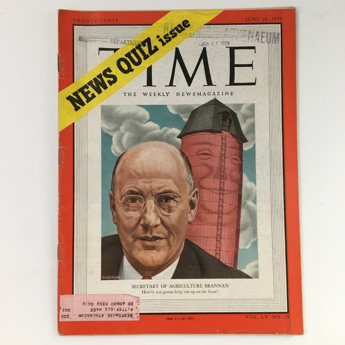Time Magazine June 19, 1950, Vol 55 #25, featuring Charles F. Brannan, Secretary of Agriculture. The cover showcases a portrait of Brannan alongside a red barn, symbolizing post-war agricultural themes.