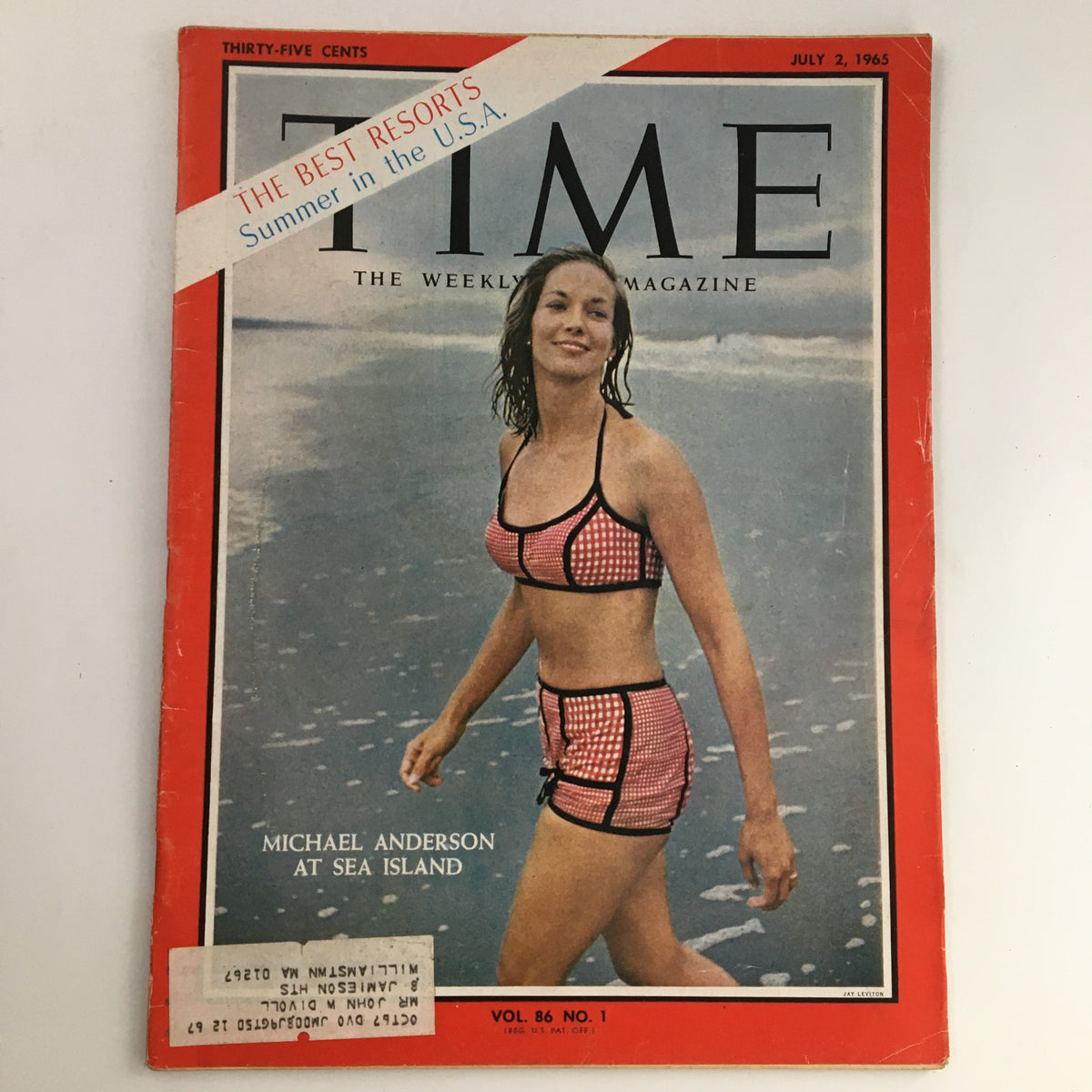 Cover of Time Magazine dated July 2, 1965, Volume 86 No. 1, featuring a photo by Michael Anderson at Sea Island, depicting a woman in a vintage swimsuit, showcasing the cultural essence of the 1960s.