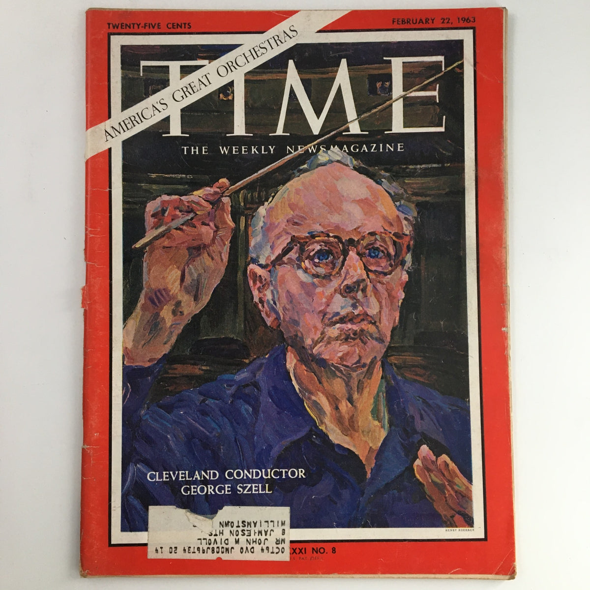 Time Magazine February 22 1963 featuring Cleveland conductor George Szell on the cover, showcasing a vibrant illustration and highlighting notable orchestras in America.