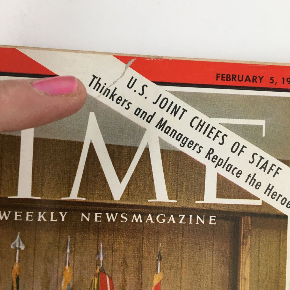 Close-up of Time Magazine February 5 1965 Vol 85 #6 cover highlighting the headline 'U.S. Joint Chiefs of Staff: Thinkers and Managers Replace the Heroes', emphasizing the shift in military leadership during a pivotal time in American history.