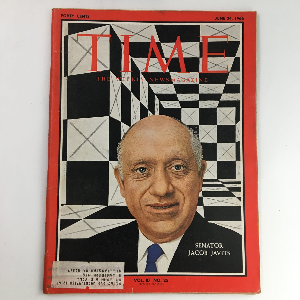 Time Magazine cover from June 24, 1966, featuring U.S. Representative and Senator Jacob Javits. The design includes abstract shapes in black and white, with a red border, indicating Volume 87, Issue 25.