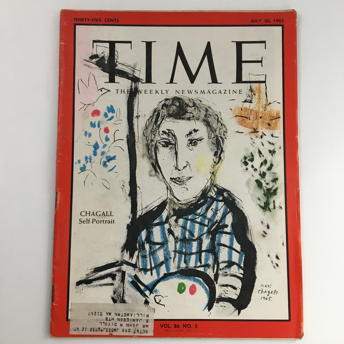 Time Magazine July 30 1965 Vol 86 #5 featuring French artist Marc Chagall's self-portrait on the cover, showcasing vibrant colors and artistic imagery.