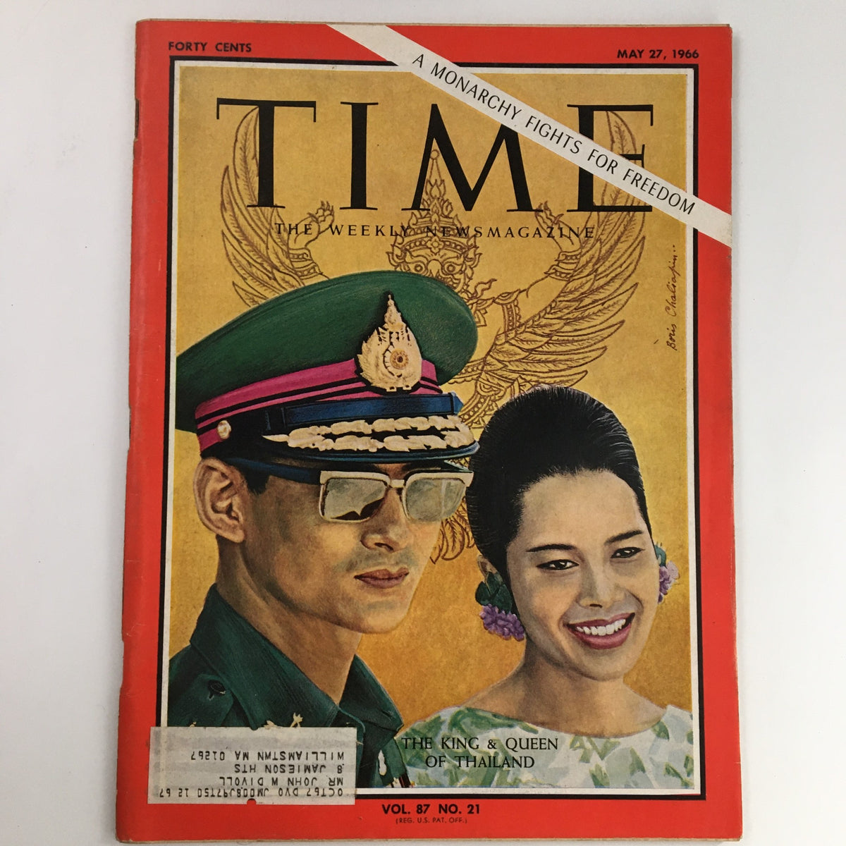 Cover of Time Magazine dated May 27, 1966, featuring Bhumibol Adulyadej and Sirikit of Thailand, with the headline 'A Monarchy Fights for Freedom', Volume 87, No. 21.