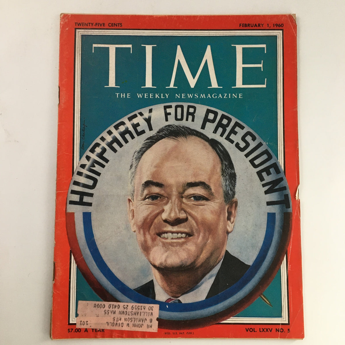Cover of Time Magazine February 1, 1960, Volume 75, Issue 5, featuring Hubert Humphrey for President. The cover showcases a portrait of Hubert Humphrey with bold text surrounding his image.