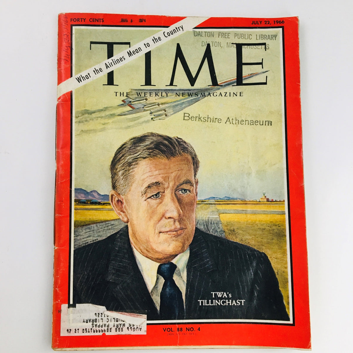Vintage Time Magazine from July 22, 1966, Volume 88, Issue 4, featuring Trans World Airline and its president Charles C. Tillinghast on the cover, showcasing the era's aviation history.