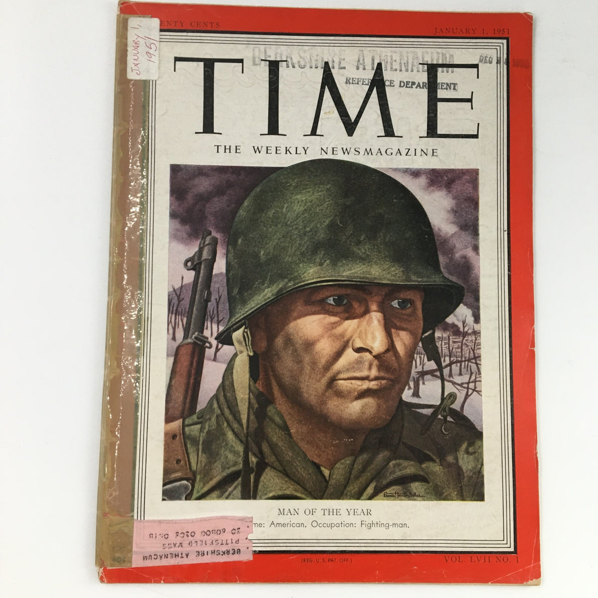 Cover of Time Magazine, January 1, 1951, Vol 57 #1, featuring the titled article 'A Soldier is The Man of the Year'. The cover illustration showcases a soldier in a helmet, highlighting themes of American valor amidst war, with visible wear, address label, and stamped mark.