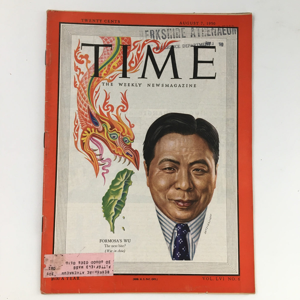 Time Magazine cover from August 7, 1950, featuring political figure and historian K. C. Wu, showcasing a colorful dragon illustration and text discussing the situation in Formosa. The magazine is in good condition with an address label and minor wear.