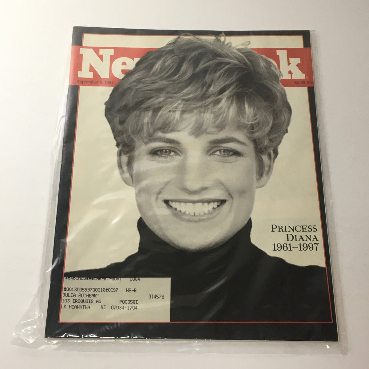 Cover of Newsweek Magazine from September 8, 1967 featuring Princess Diana, highlighting her life from 1961-1997. The magazine is in protective plastic, showing her smiling portrait with black hair, and includes an address label.