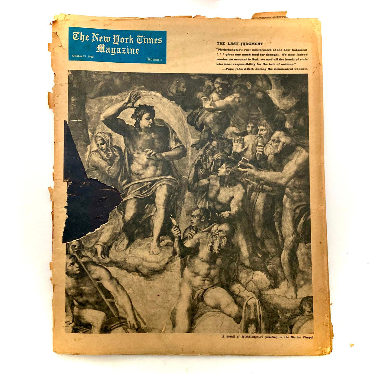 New York Times Magazine October 21 1962 cover featuring Michelangelo's artistic work, showcasing the theme of 'The Last Judgment' with detailed illustrations of figures.