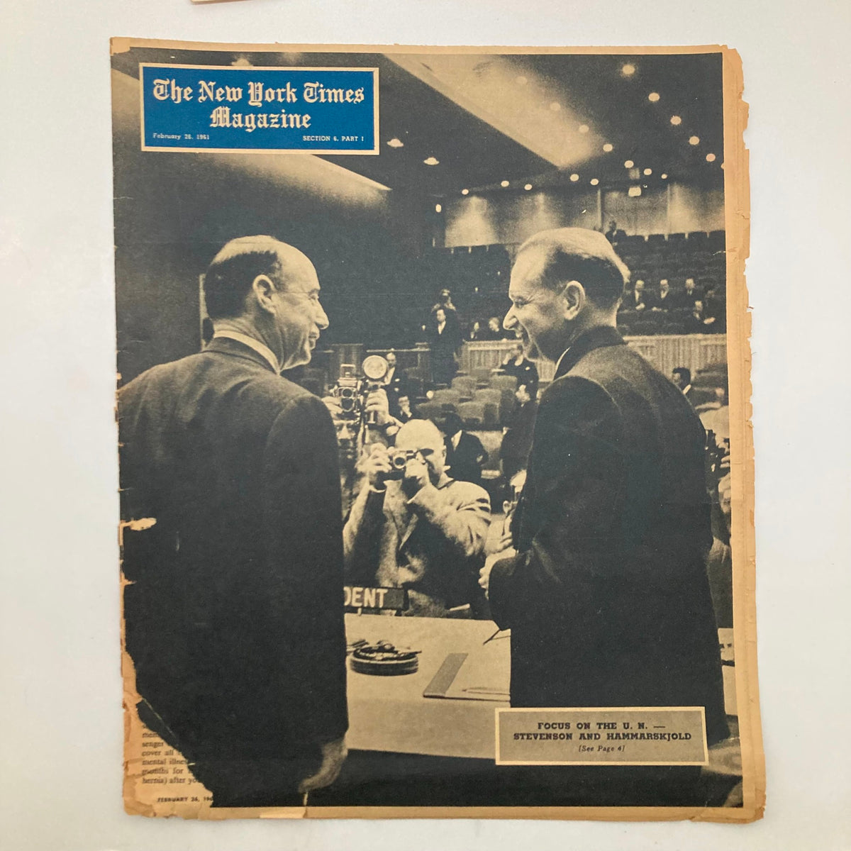 Cover of The New York Times Magazine February 26, 1961, depicting a meeting between UN diplomats with cameras capturing the moment.