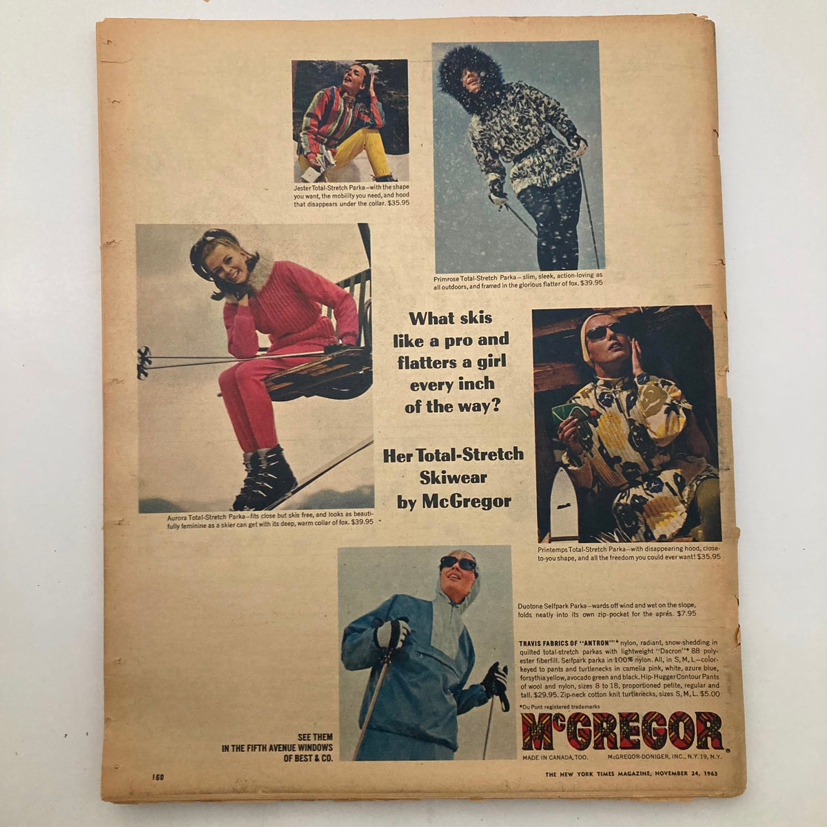 Fashion advertisement from The New York Times Magazine November 24 1963 displaying winter sportswear by McGregor, featuring stylish ski outfits for women.