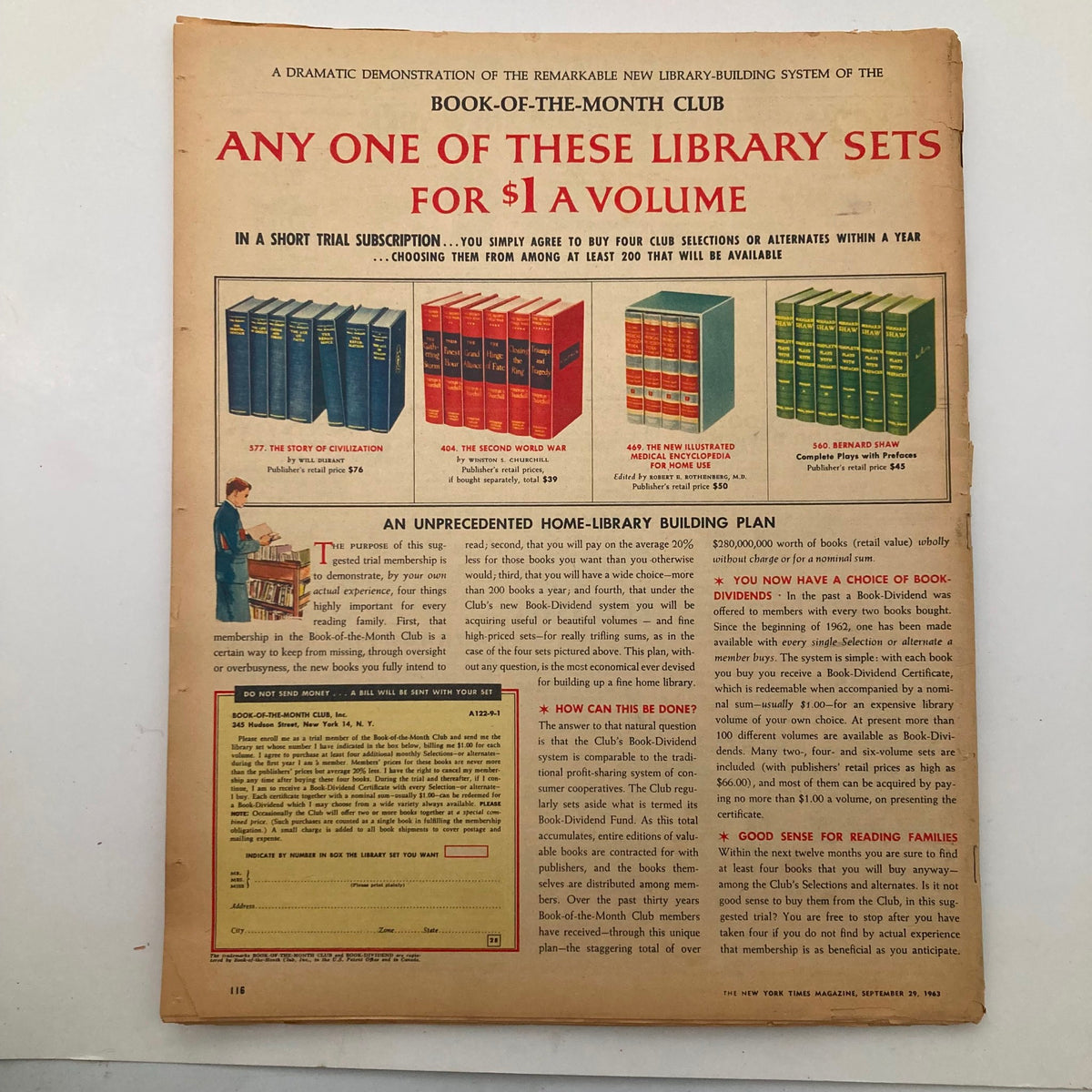 The New York Times Magazine September 29 1963 displaying an advertisement for the Book-of-the-Month Club, promoting various library sets available for purchase.