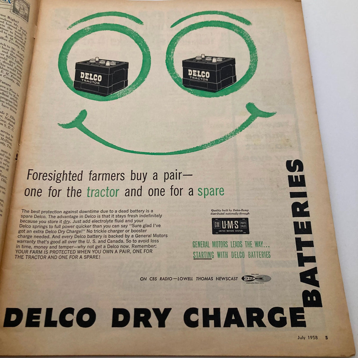 Advertisement for Delco Dry Charge Batteries from The Progressive Farmer Magazine July 1958, promoting battery reliability for farmers.