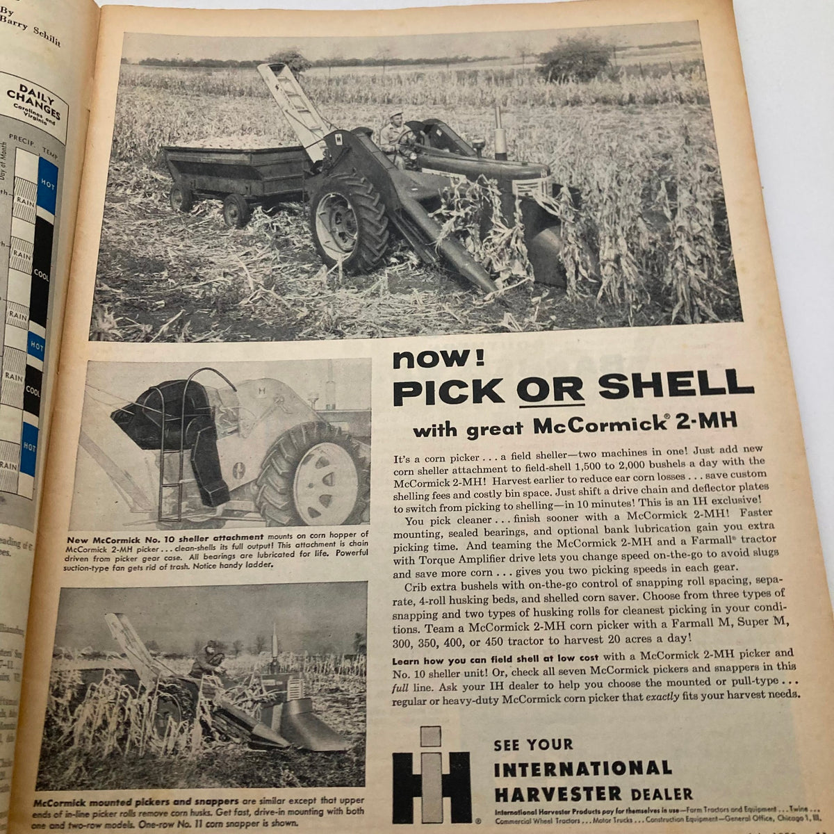 McCormick 2-MH corn picker advertisement in The Progressive Farmer Magazine July 1958, demonstrating agricultural machinery.