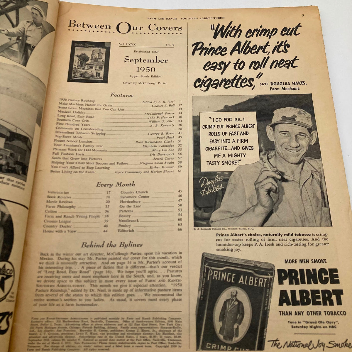 Interior page of the September 1950 Farm & Ranch Southern Agriculturist Magazine, showcasing features on farming and a promotional advertisement for Prince Albert tobacco.