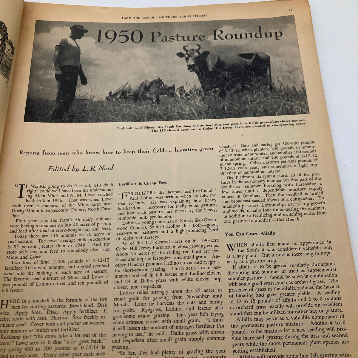 Article spread from the September 1950 Farm & Ranch Southern Agriculturist Magazine, focusing on pasture management with a photograph of a farmer and cattle.