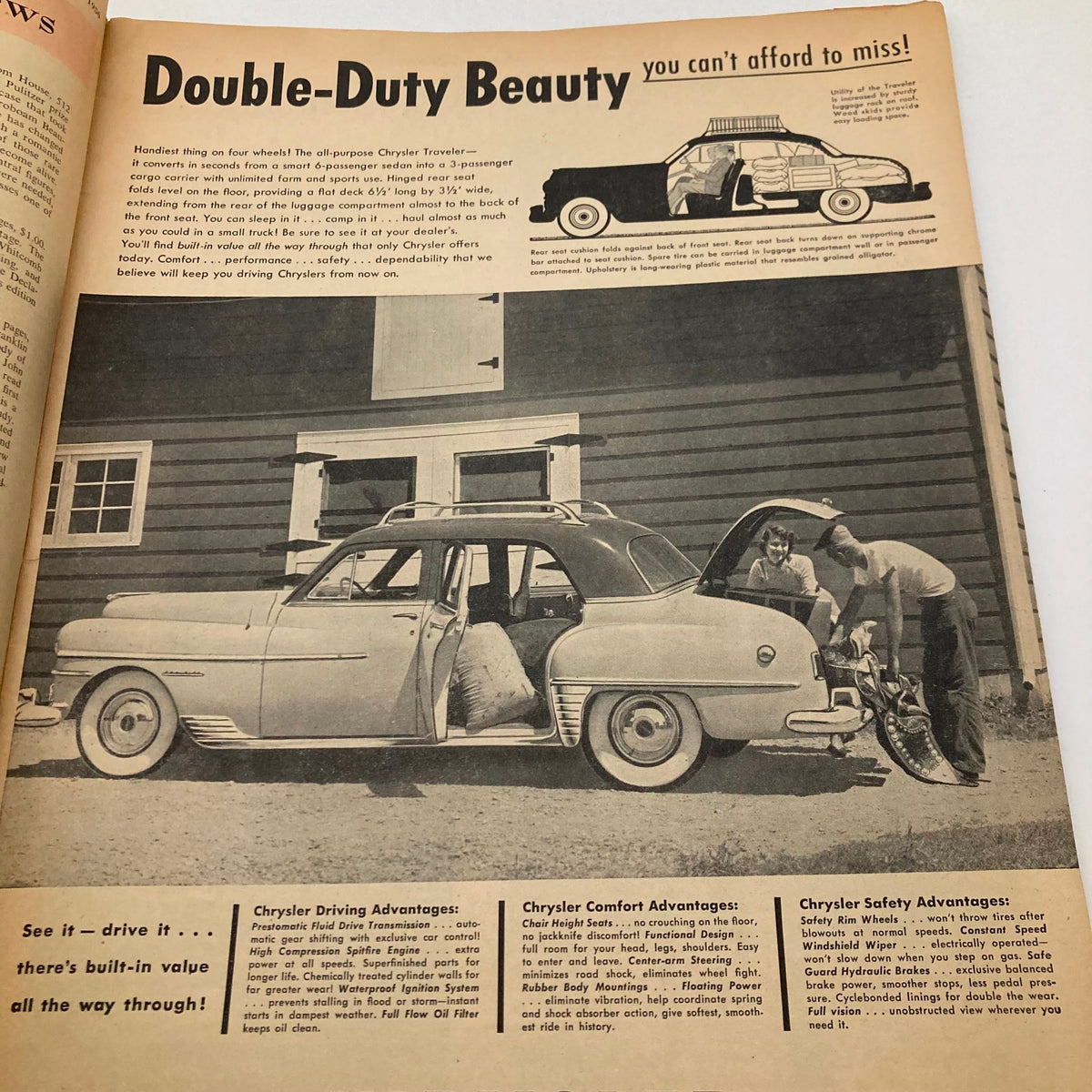 Advertisement for the Chrysler Traveler in the September 1950 Farm & Ranch Southern Agriculturist Magazine, highlighting its features and usability.