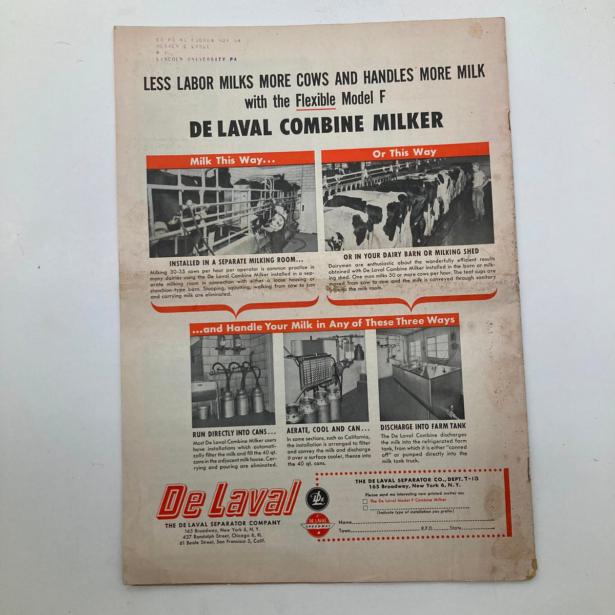 Back cover of VTG Hoard's Dairyman Magazine June 10 1951 showcasing the De Laval Combine Milker advertising its features for efficient milking.