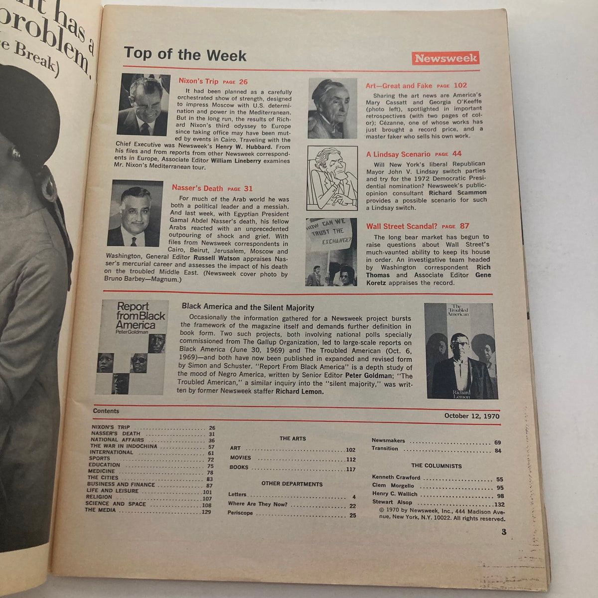 Inside page of Vintage Newsweek magazine from October 12, 1970, showcasing the table of contents and features including 'Nasser’s Death' and 'Nixon’s Trip'.