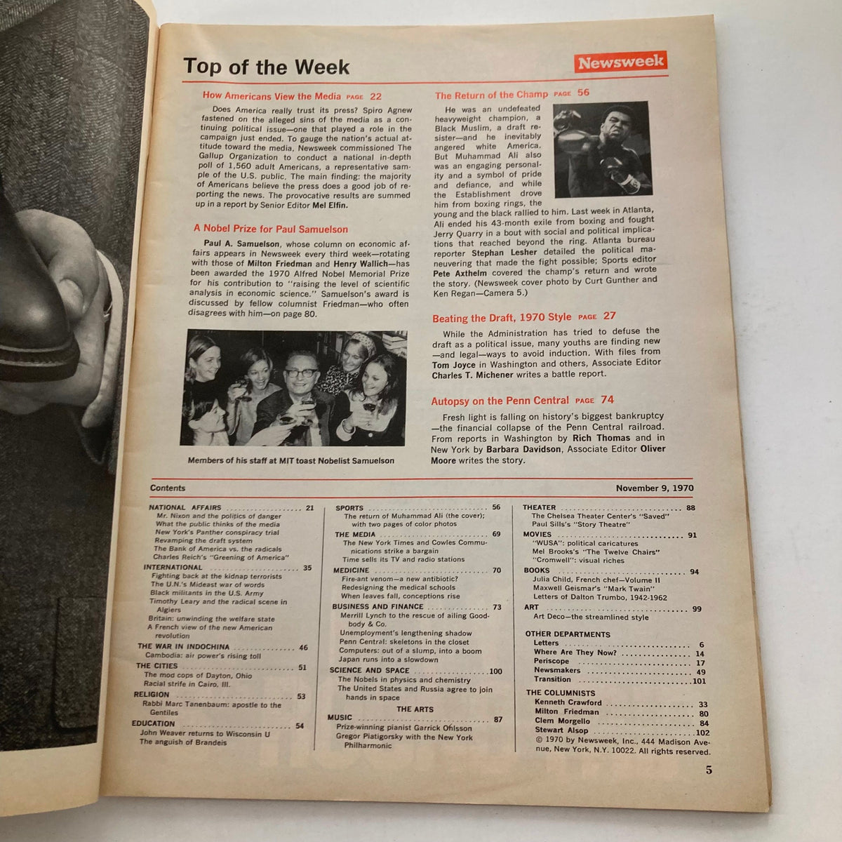Inside page of VTG Newsweek Magazine dated November 9, 1970, featuring the article 'The Return of the Champ' about Muhammad Ali. The layout displays contents of the magazine with sections on sports and other topics from that era.