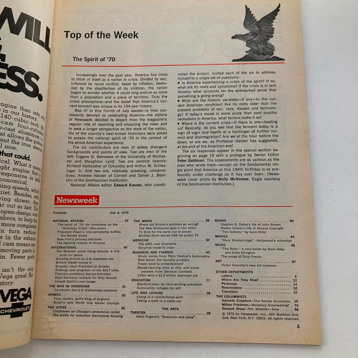 Inside page of the VTG Newsweek Magazine from July 6, 1970 displaying the article 'The Spirit of '70' discussing America's national identity amidst crisis with an eagle illustration.