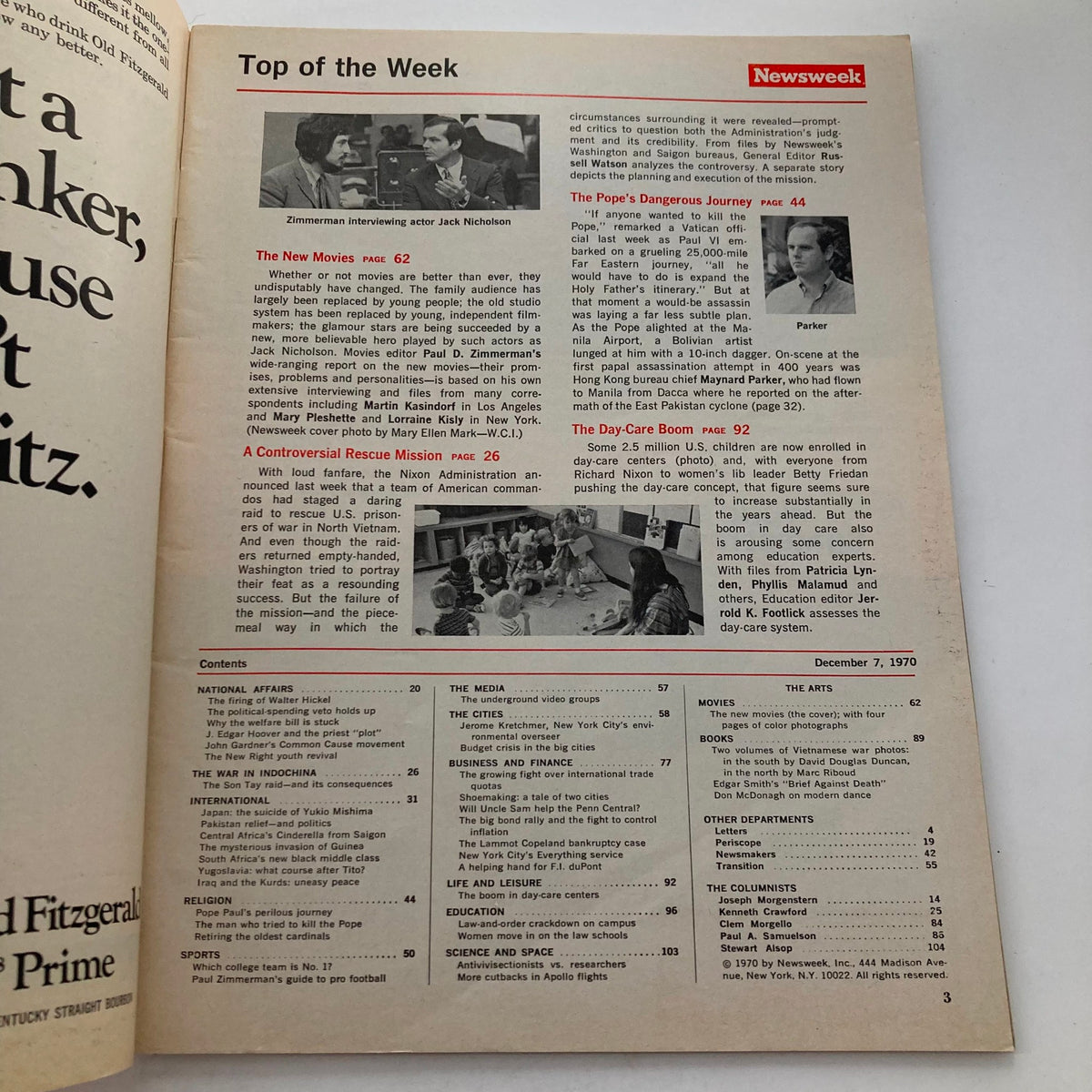 Interior page from the VTG Newsweek Magazine dated December 7, 1970, featuring a section on 'The New Movies' alongside an interview with Jack Nicholson. The layout includes articles and a detailed contents list.