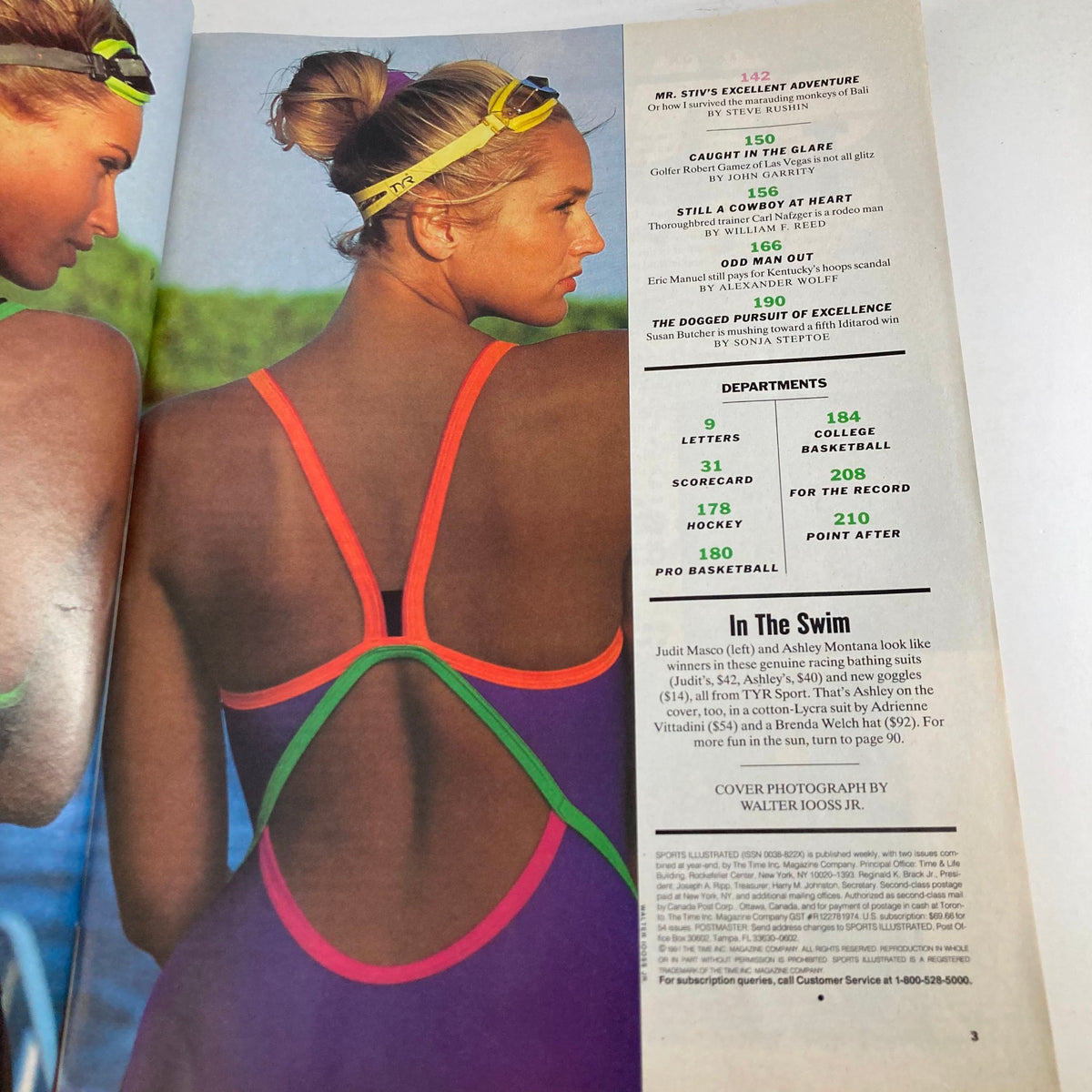 Page from Sports Illustrated Magazine February 11 1991 detailing the In The Swim section with text about trendy swimwear featuring Ashley Montana and Judit Masco.