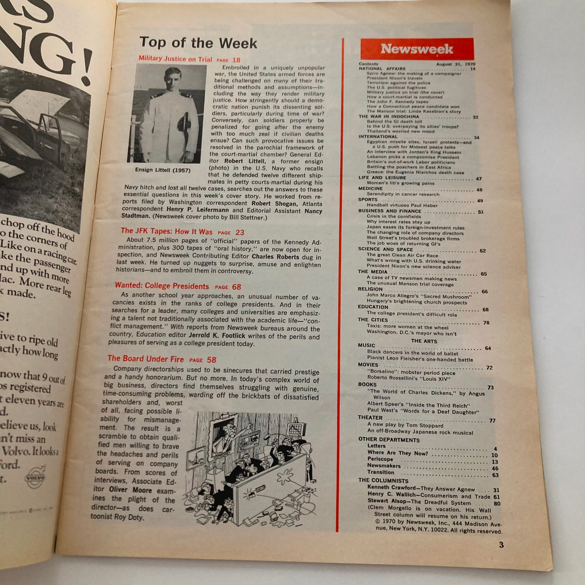 Inside page of VTG Newsweek Magazine August 31 1970, detailing the article "Military Justice on Trial" with image of Ensign Littell and magazine contents.