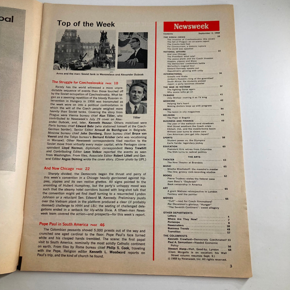 Inside page of VTG Newsweek Magazine from September 2, 1968, showing the table of contents including articles related to the Czech crisis and international affairs.