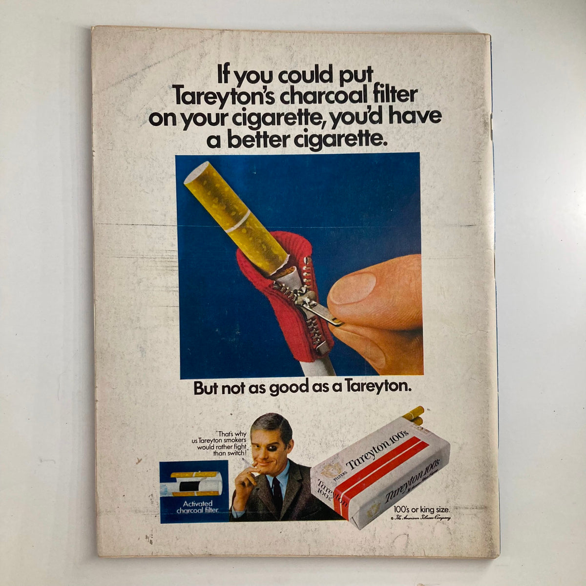 Back cover of VTG Newsweek Magazine November 18, 1968, with an advertisement for Tareyton cigarettes featuring a charcoal filter and a gentleman in a suit.