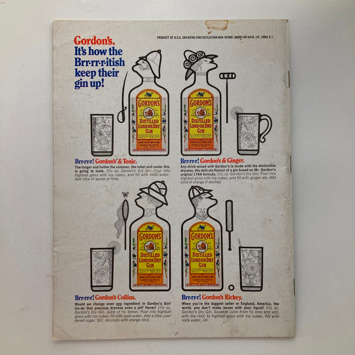 Back cover of VTG Newsweek Magazine August 3 1970 advertising Gordon's Gin cocktails with playful illustrations.