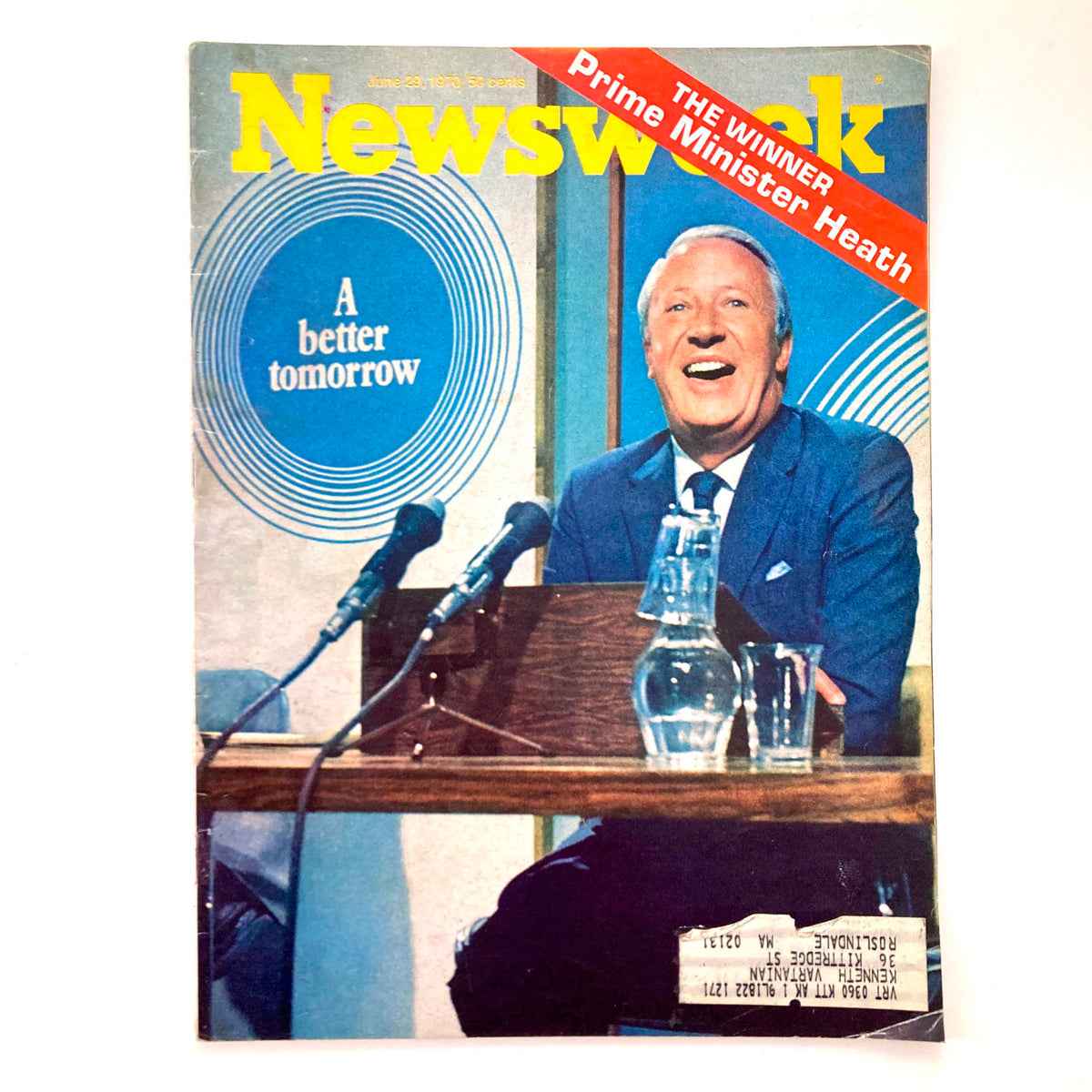 Newsweek Magazine cover from June 29, 1970, featuring Prime Minister Edward Heath titled 'The Winner'. The cover shows Heath smiling at a podium with microphones and an illustration stating 'A better tomorrow'.