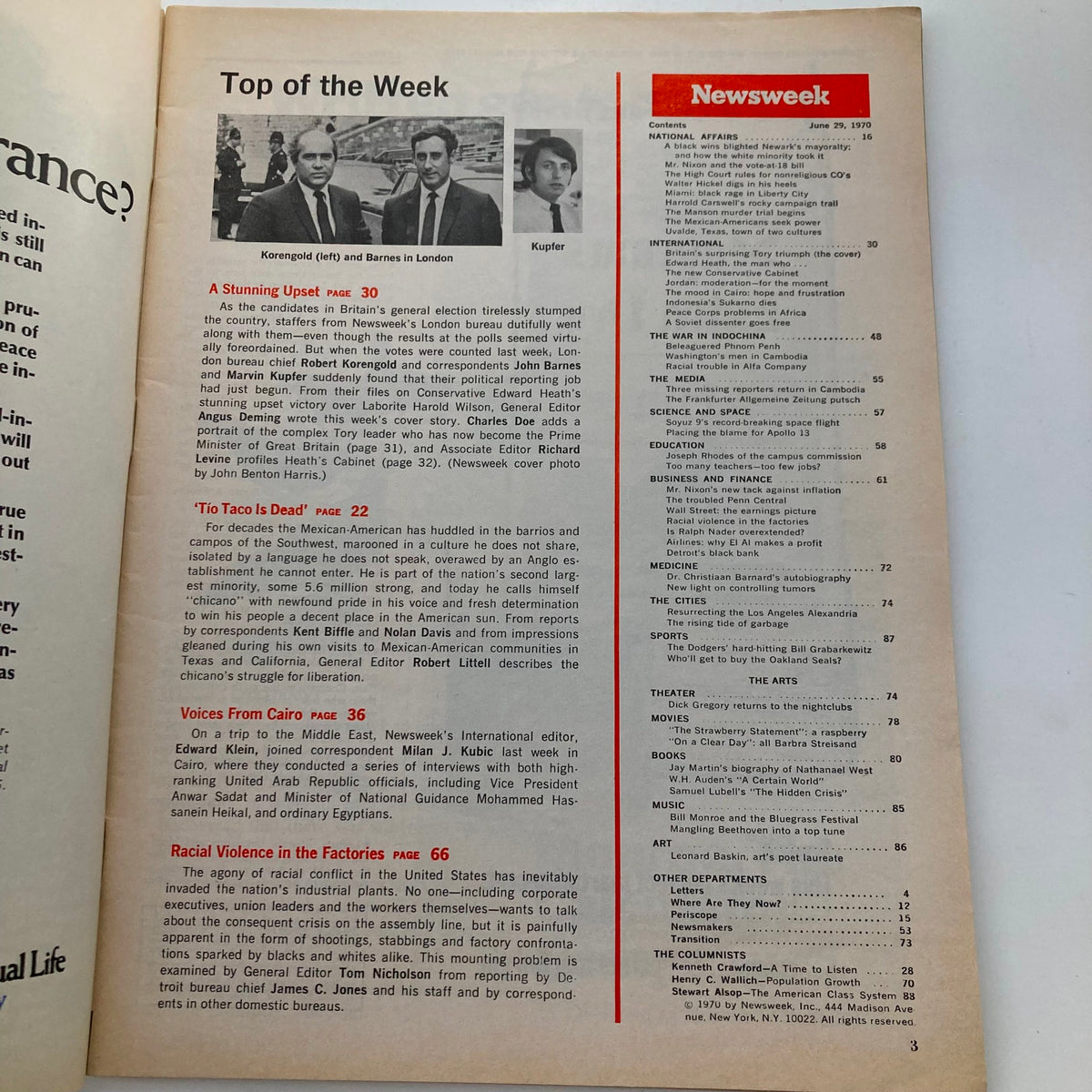 Inside page of Newsweek Magazine June 29, 1970, highlighting articles. Includes articles like 'A Stunning Upset', 'Voices from Cairo', and 'Racial Violence in the Factories' targeting socio-political issues of the time.