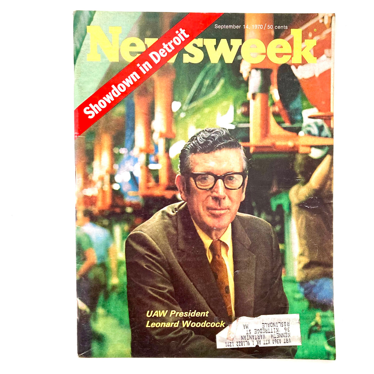 Vintage Newsweek Magazine cover from September 14, 1970 featuring UAW President Leonard Woodcock, highlighting the labor movement in Detroit.