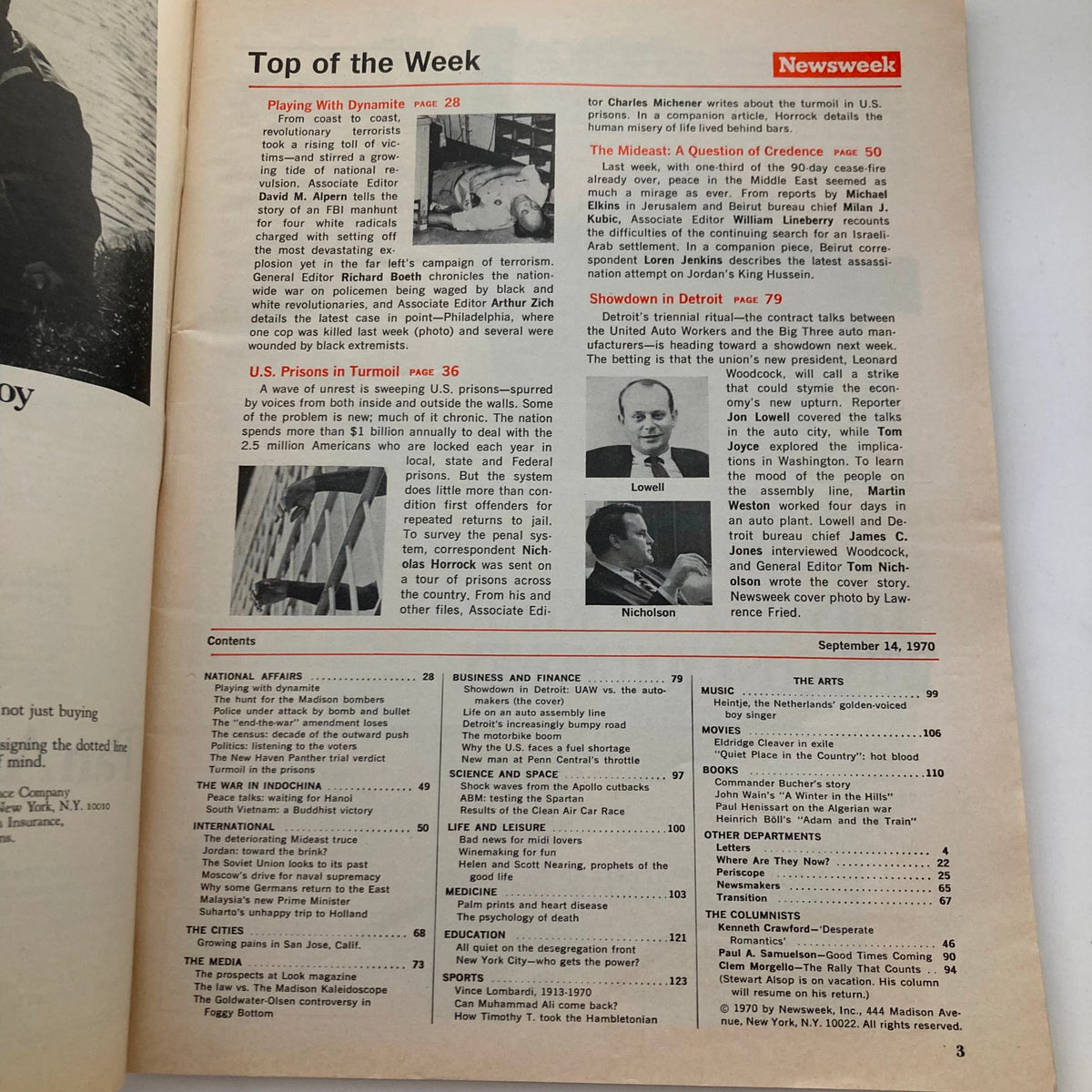 Inside page of the vintage Newsweek Magazine from September 14, 1970, featuring content about UAW President Leonard Woodcock and articles related to labor movement, U.S. prisons, and societal issues.