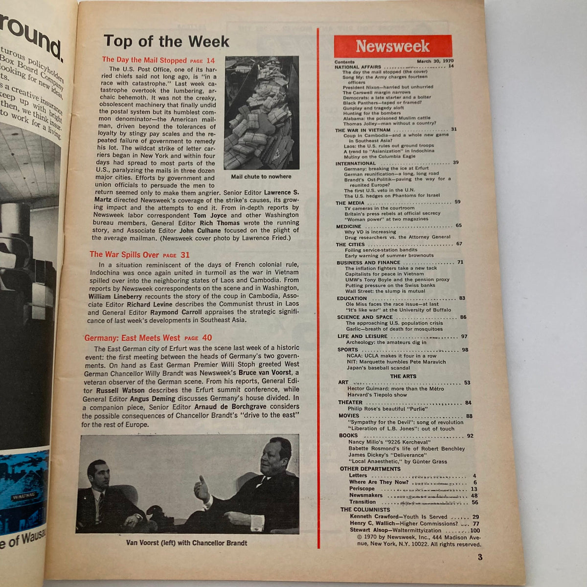 Inside page of VTG Newsweek Magazine from March 30, 1970, highlighting the article 'The Day The Mail Stopped' along with other contents.