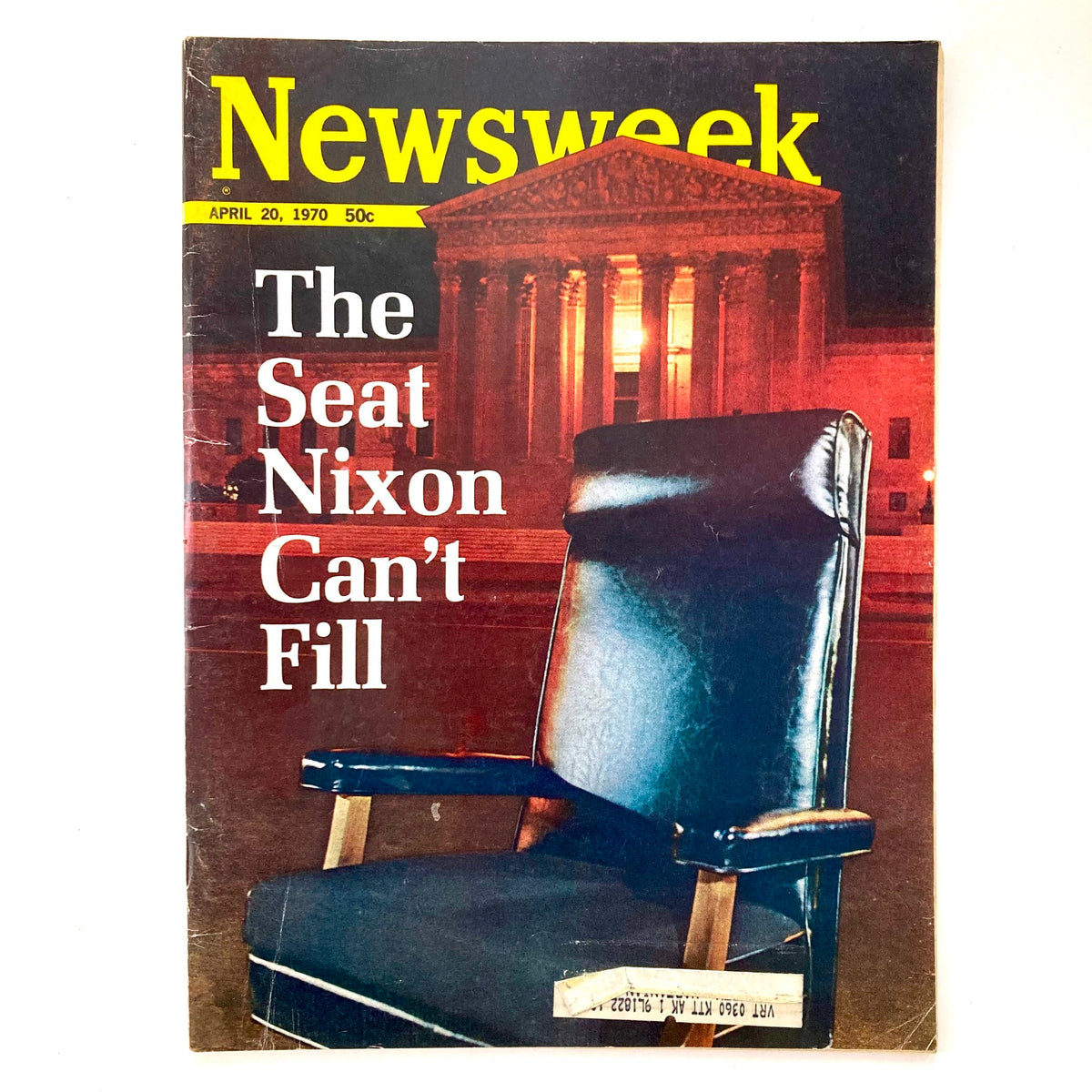 VTG Newsweek Magazine cover from April 20, 1970, featuring the title 'The Seat Nixon Can't Fill', showcasing an iconic empty chair in front of a lit building.