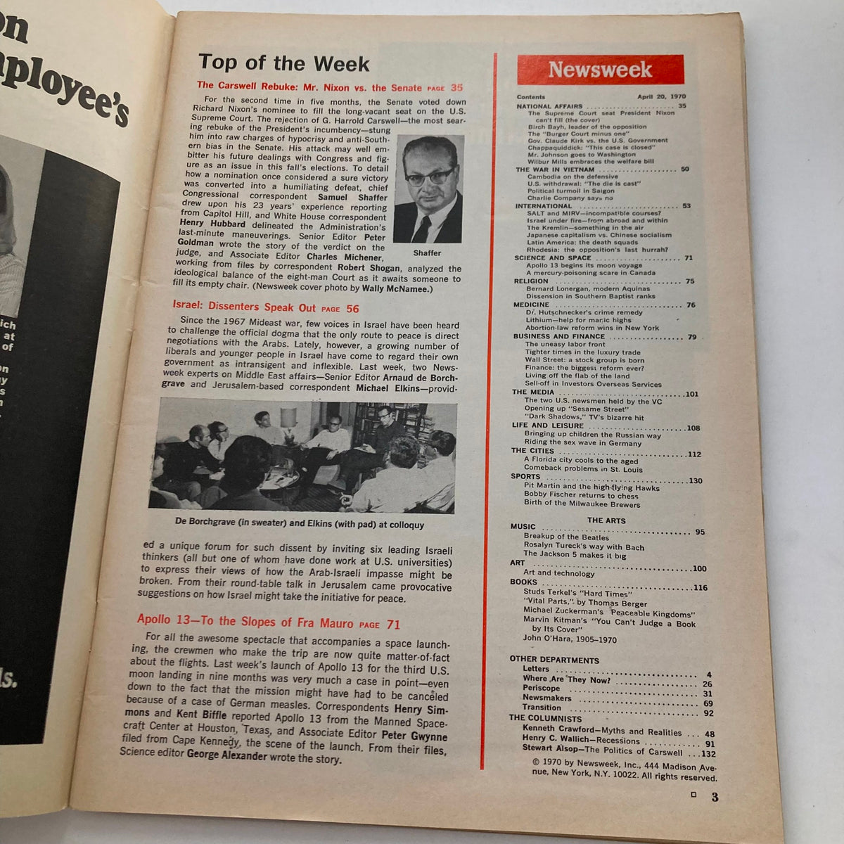 VTG Newsweek Magazine from April 20, 1970, titled 'The Seat Richard Nixon Can't Fill.' Inside top-of-the-week highlights related to American politics, including a photo of Shaffer and a mention of dissenters in Israel.